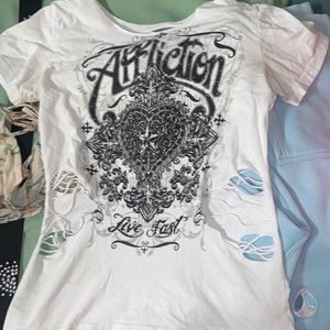 Affliction “live fast” buckle shirt with cutout holes